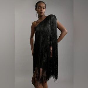 Karen Millen Figure Form Bandage One Shoulder Fringe Mini Knit Dress